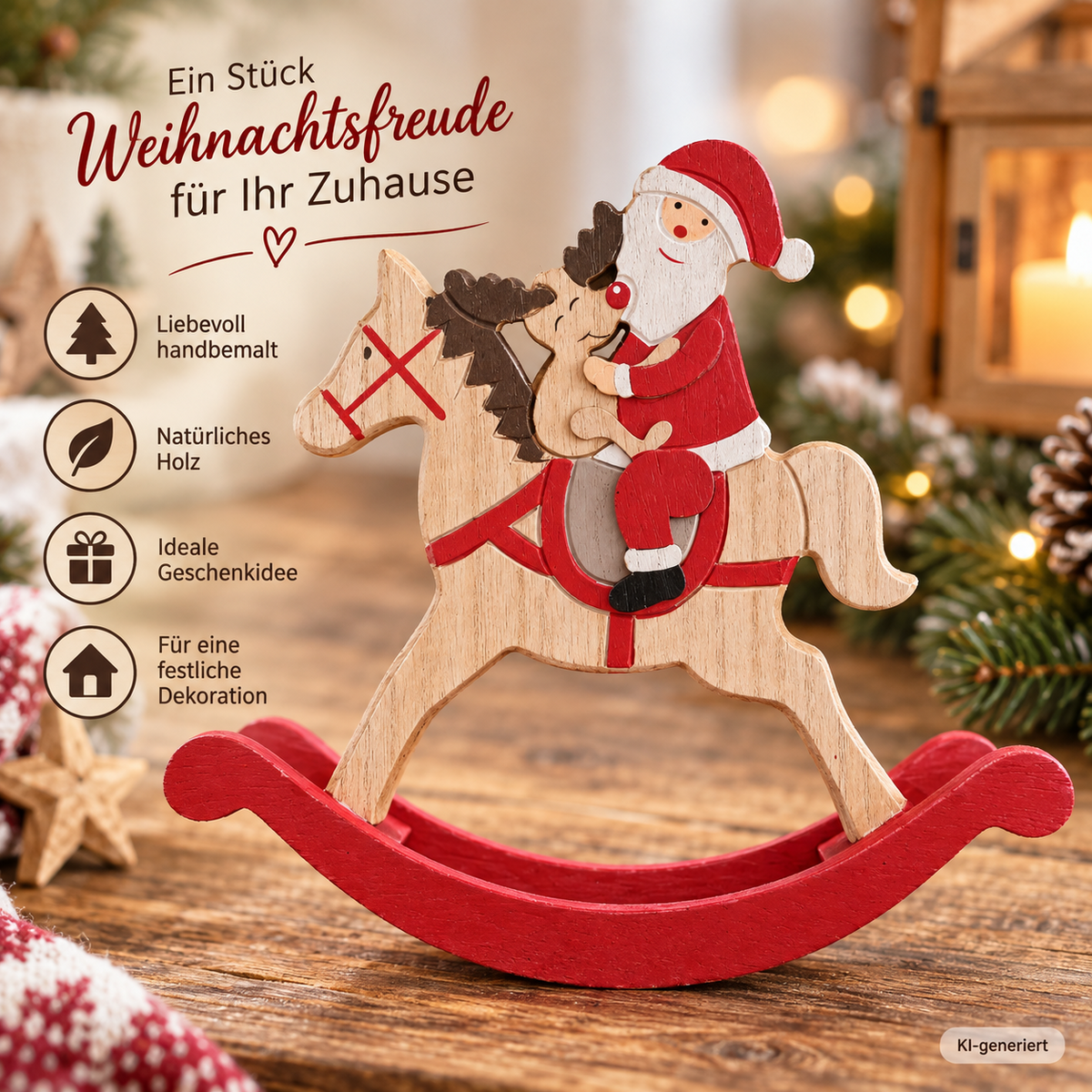 Wenco Weihnachtsmann Schaukelpferd Holz 21cm Weihnachtsdeko Dekofigur Rot HA21