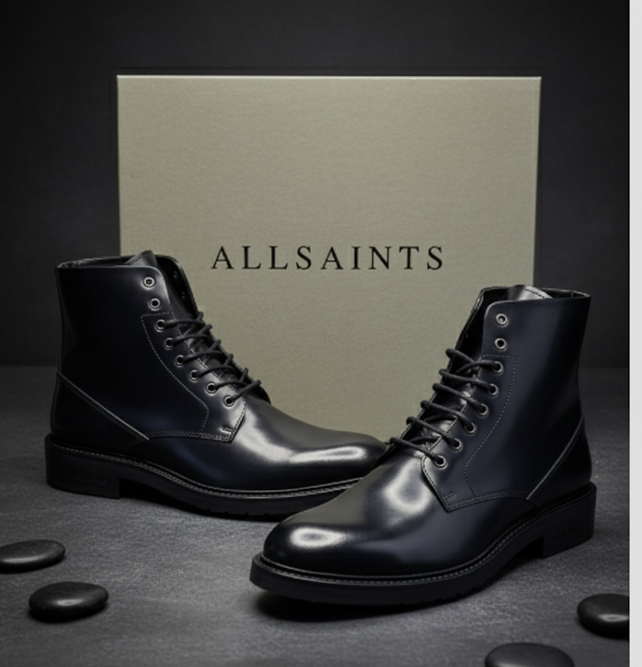 AllSaints Britt Stiefel Herren – Leder Schwarz Schnürboots Gr. 41