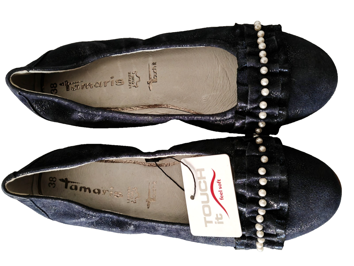 Tamaris Damen Ballerinas Gr. 38 Dunkelblau Perlen Lack Touch It Leder Schuhe G
