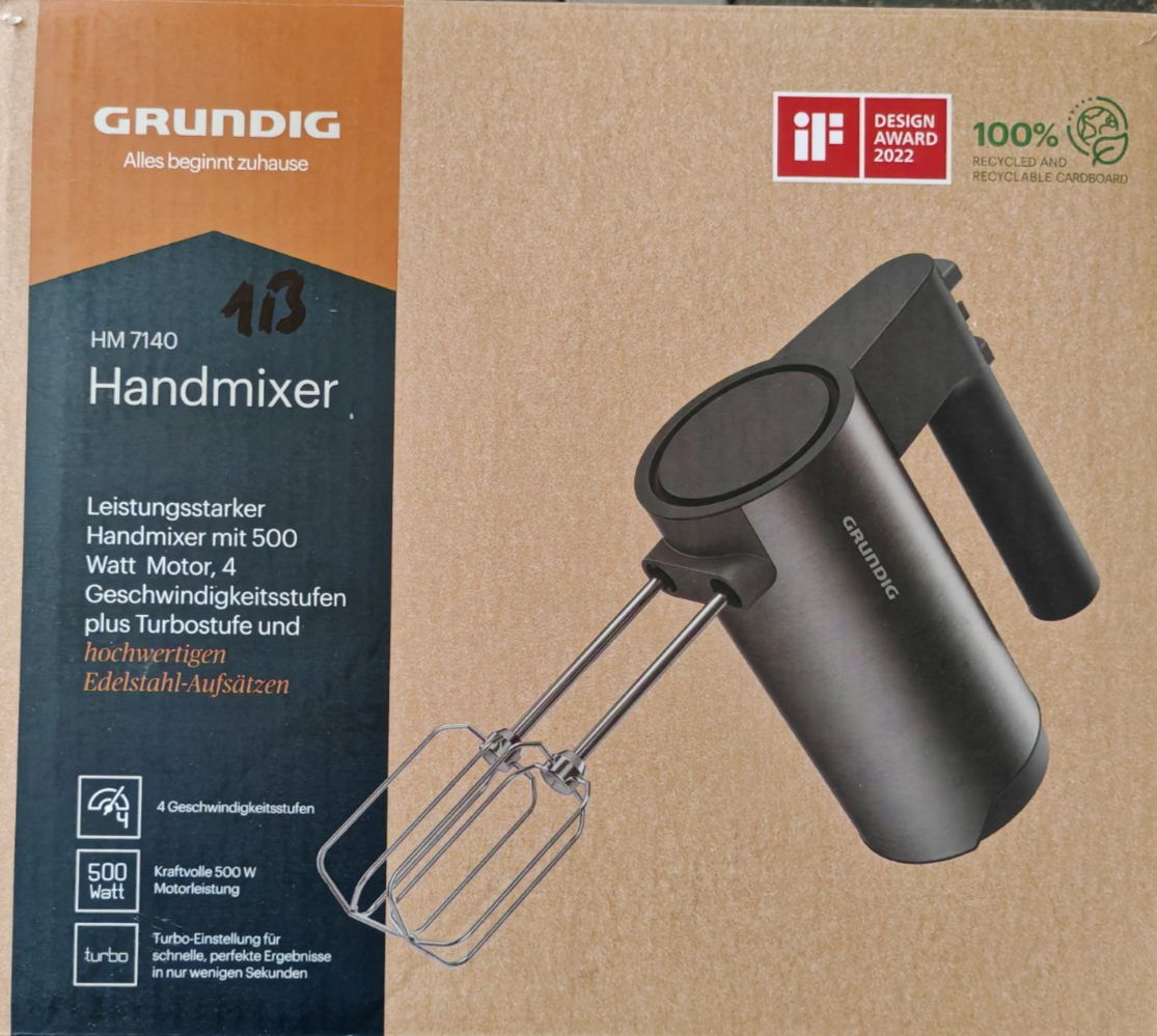 Grundig HM 7140 Handmixer 500W Edelstahl Rührgerät Turbo Knethaken Rührbesen C3