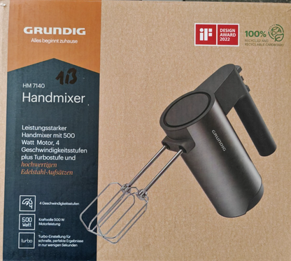 Grundig HM 7140 Handmixer 500W Edelstahl Rührgerät Turbo Knethaken Rührbesen C3