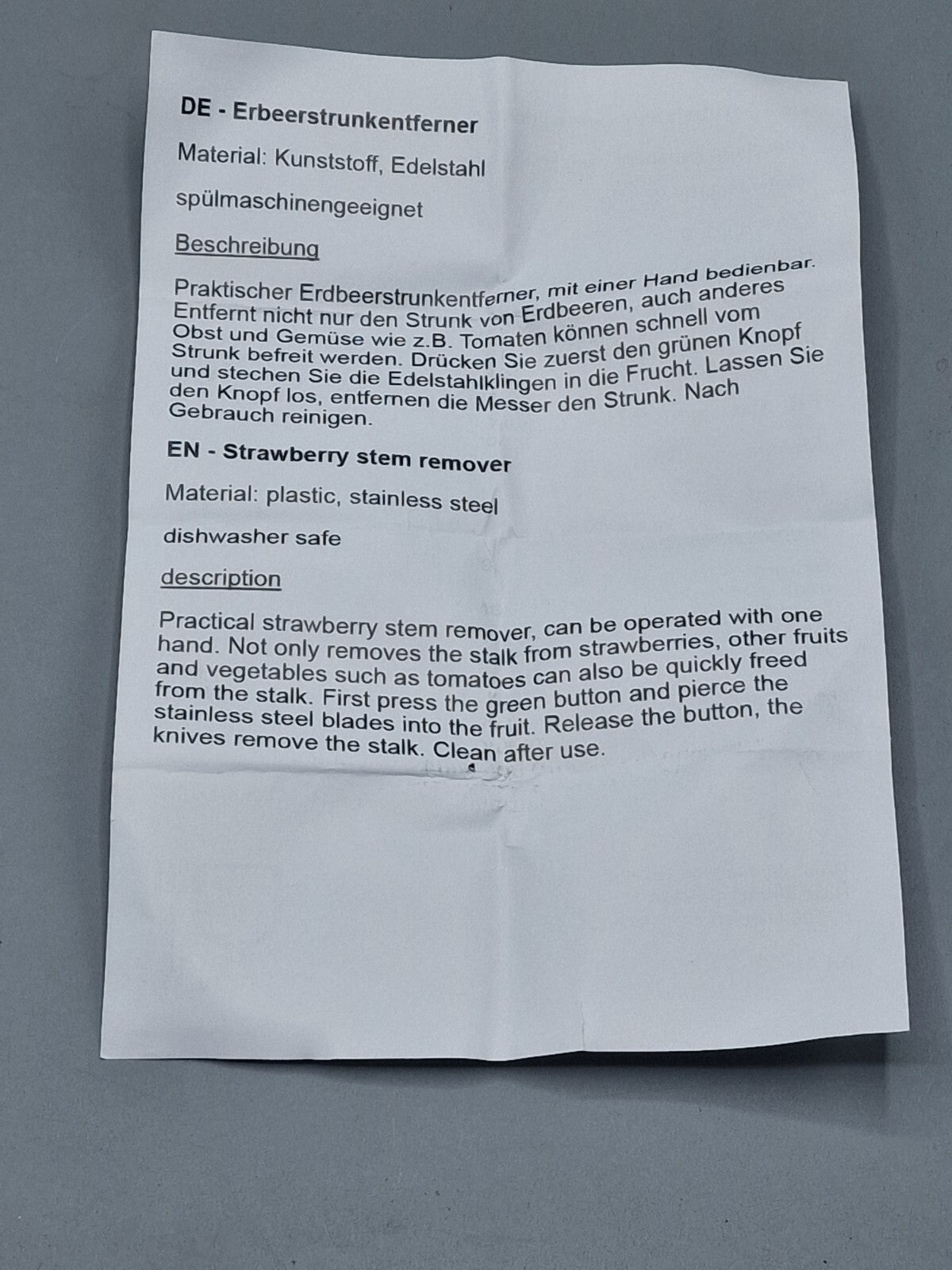 Erdbeerstrunkentferner, Kunststoff, Edelstahl, Spühlmaschinengeeignet