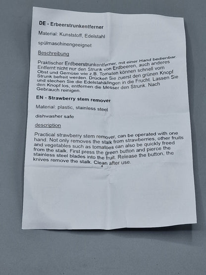 Erdbeerstrunkentferner, Kunststoff, Edelstahl, Spühlmaschinengeeignet