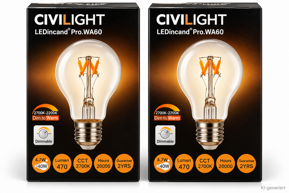 2x CIVILIGHT LED Filament E27 A60 4,7W 470lm 2700K Dimmbar Dim to Warm HA35