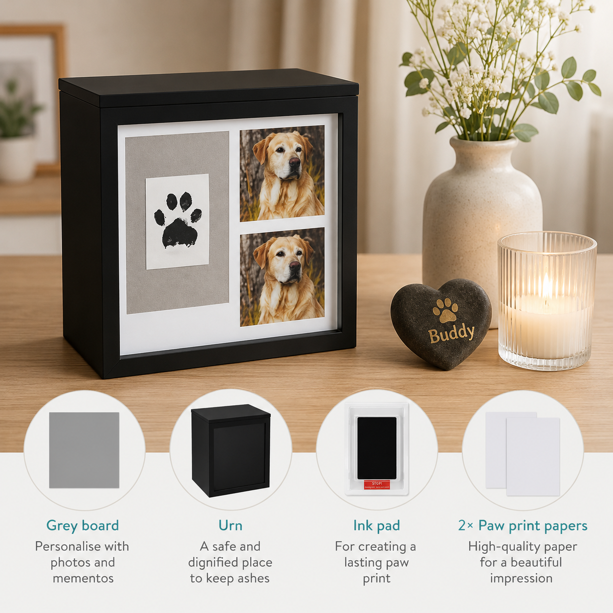 Navaris Tierurne Hund Katze Erinnerungsbox Fotos Pfotenabdruck Urne Holz C-06