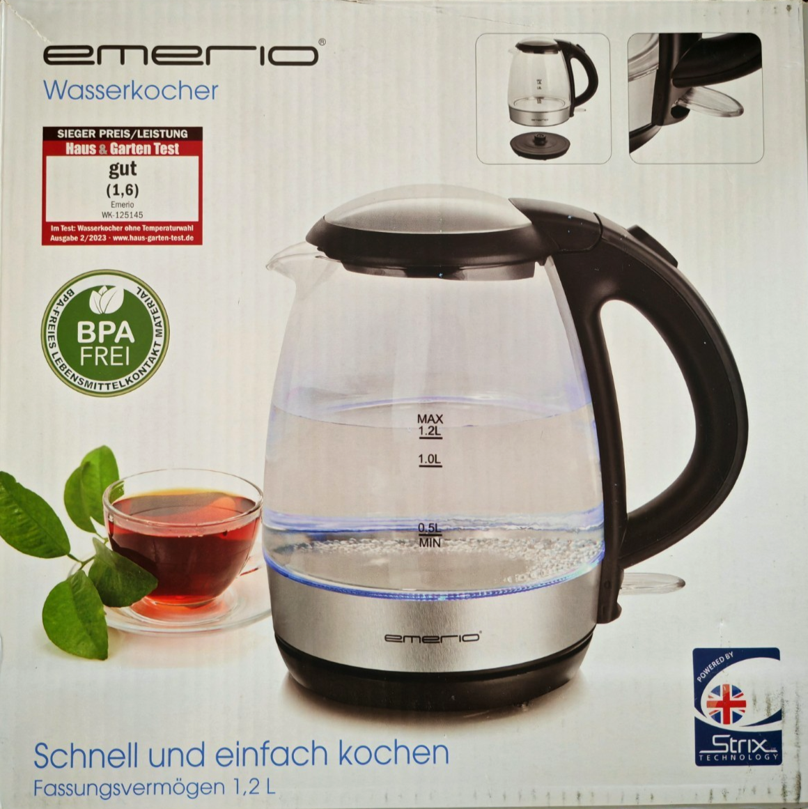 Emerio WK-125145 Glas Wasserkocher 1,2L 2200W LED Borosilikatglas BPA-frei HOA5