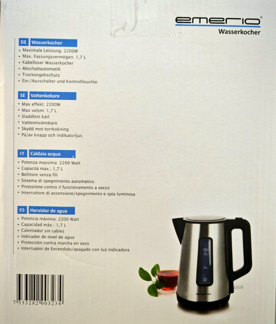 Emerio Wasserkocher 1,7L 2200W Cool Touch Edelstahl Schwarz BPA-frei HO-A5