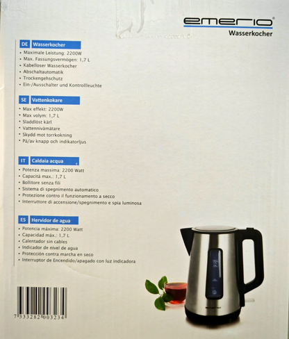 Emerio Wasserkocher 1,7L 2200W Cool Touch Edelstahl Schwarz BPA-frei HO-A5