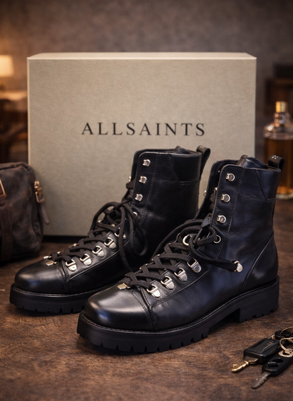 AllSaints Franka Damen Boots Leder Schwarz Schnürstiefel Biker Stiefel Gr. 37 G1