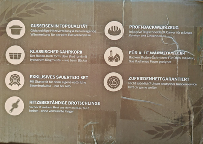 Sauerteig Brotbacktopf Gusseisen Dutch Oven XL Brotbackset mit Gärkorb Set C-05