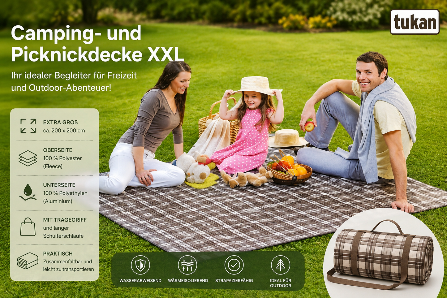 Tukan Camping Picknickdecke XXL 200x200 wasserfest Outdoor Decke Garten