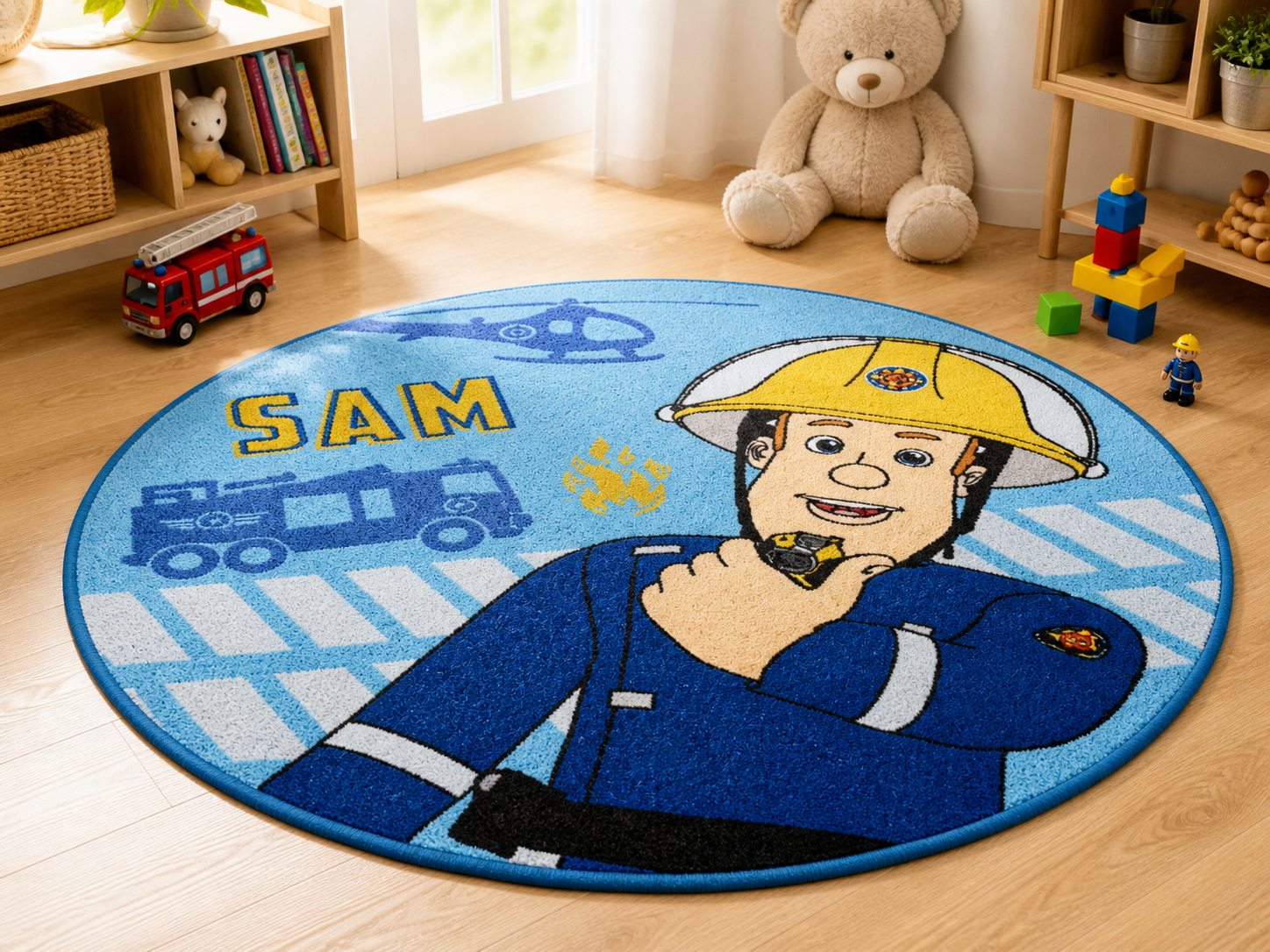 Feuerwehrmann Sam Teppich rund 90 cm Kinderteppich Kinderzimmer