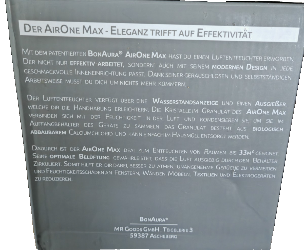 BonAura AirOne Max Luftentfeuchter 33m² inkl. 980g Granulat ohne Strom HA28