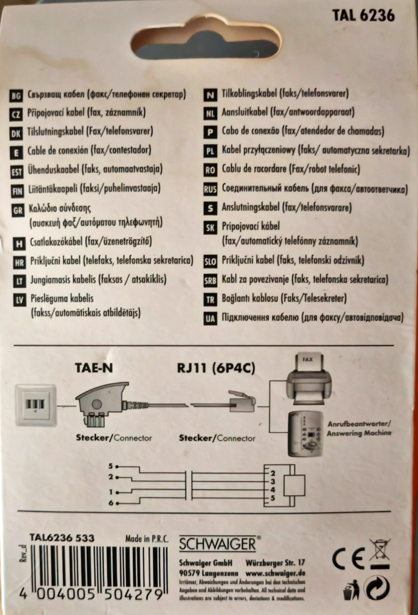 Schwaiger TAL 6236 Anschlusskabel TAE-N RJ11 für Fax Modem Anrufbeantworter A5