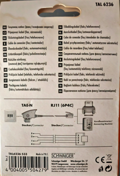Schwaiger TAL 6236 Anschlusskabel TAE-N RJ11 für Fax Modem Anrufbeantworter A5