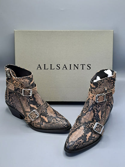 AllSaints Ariel Zip Boots Damen Leder Snake Braun Schwarz Stiefeletten Gr. 38 G1