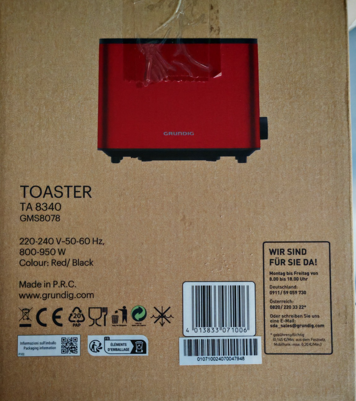 Grundig TA8340 Toaster 2 Scheiben 950W Brötchenaufsatz Edelstahl Rot B06