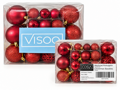 COSIA Weihnachtskugeln 50 Stück Rot Christbaumkugeln Kunststoff Baumschmuck HA31