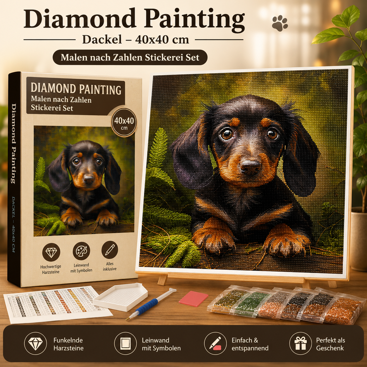 Diamond Painting Dackel 40x40cm Malen nach Zahlen Stickerei Set Hund