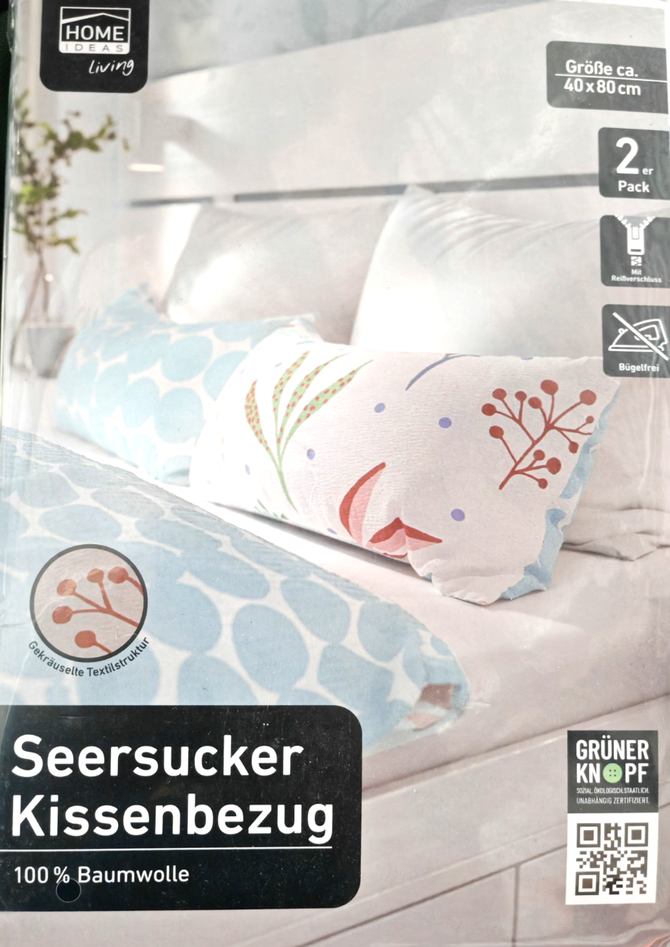 Home Ideas 2x Seersucker Kissenbezug 40x80 cm Baumwolle Reißverschluss Bunt E3
