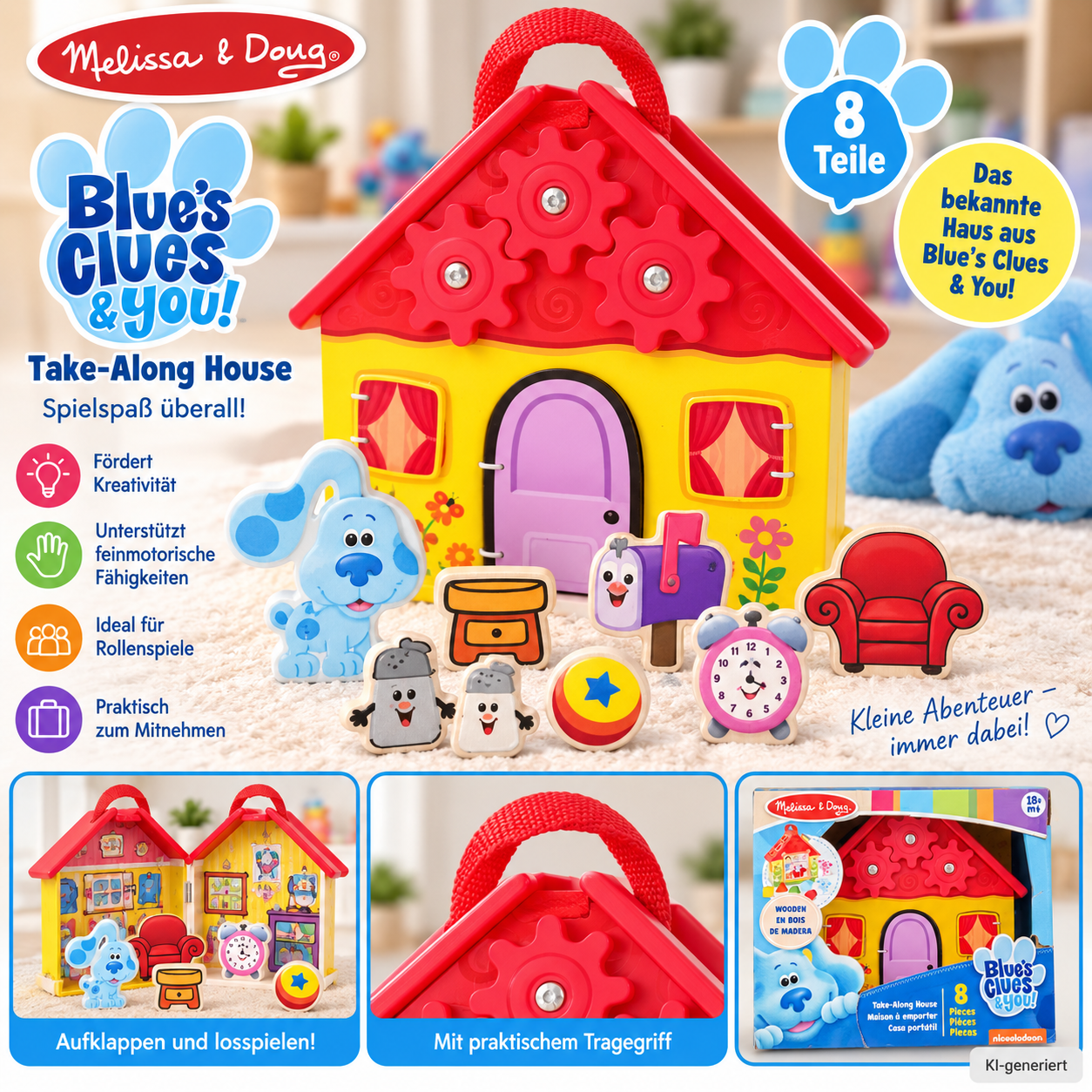 Melissa & Doug Blue's Clues & You Holzhaus Sortierspiel 8 Teile ab 18 Monate D6