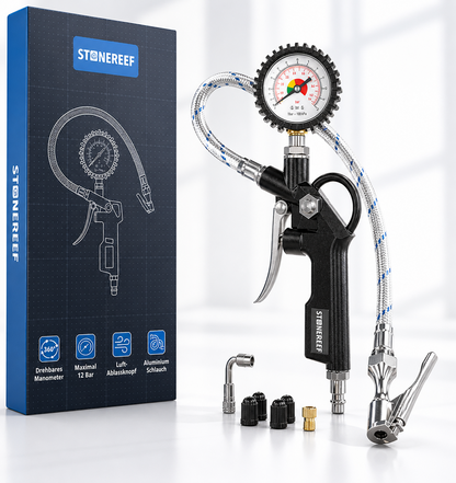 Reifenfüller mit Manometer drehbar Luftdruckprüfer Auto Fahrrad Set