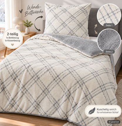 BADIZIO Classic Wendebettwäsche Rauten Plüsch 155x220 80x80 2tlg Grau B4