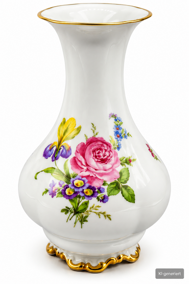 Lindner Porzellan Vase Blumendekor Goldrand Rosen Handarbeit Bavaria