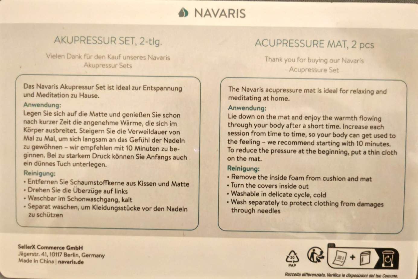 Navaris Akupressurmatte Set Akupressurkissen Nadelmatte Massage Grau Tasche