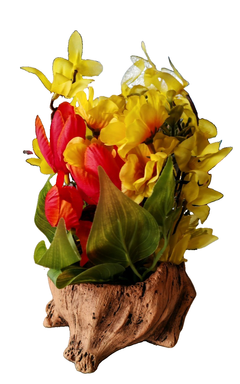 Kunstblumen Gesteck Gelb Rot im Baumstamm Topf 22 cm Blumendeko Tischdeko C6