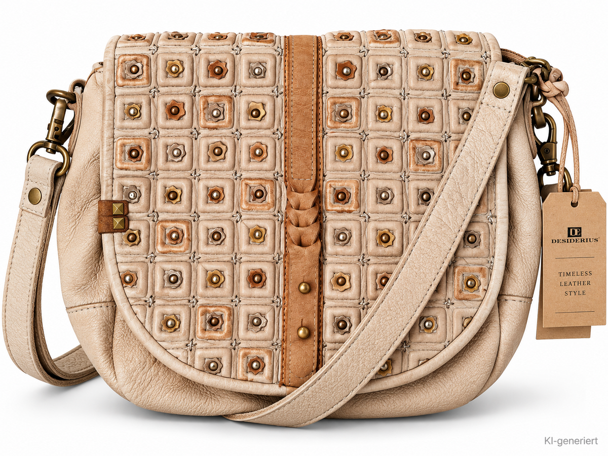 DESIDERIUS Veronika Damen Umhängetasche Beige Rindsleder Echtleder Nieten H3