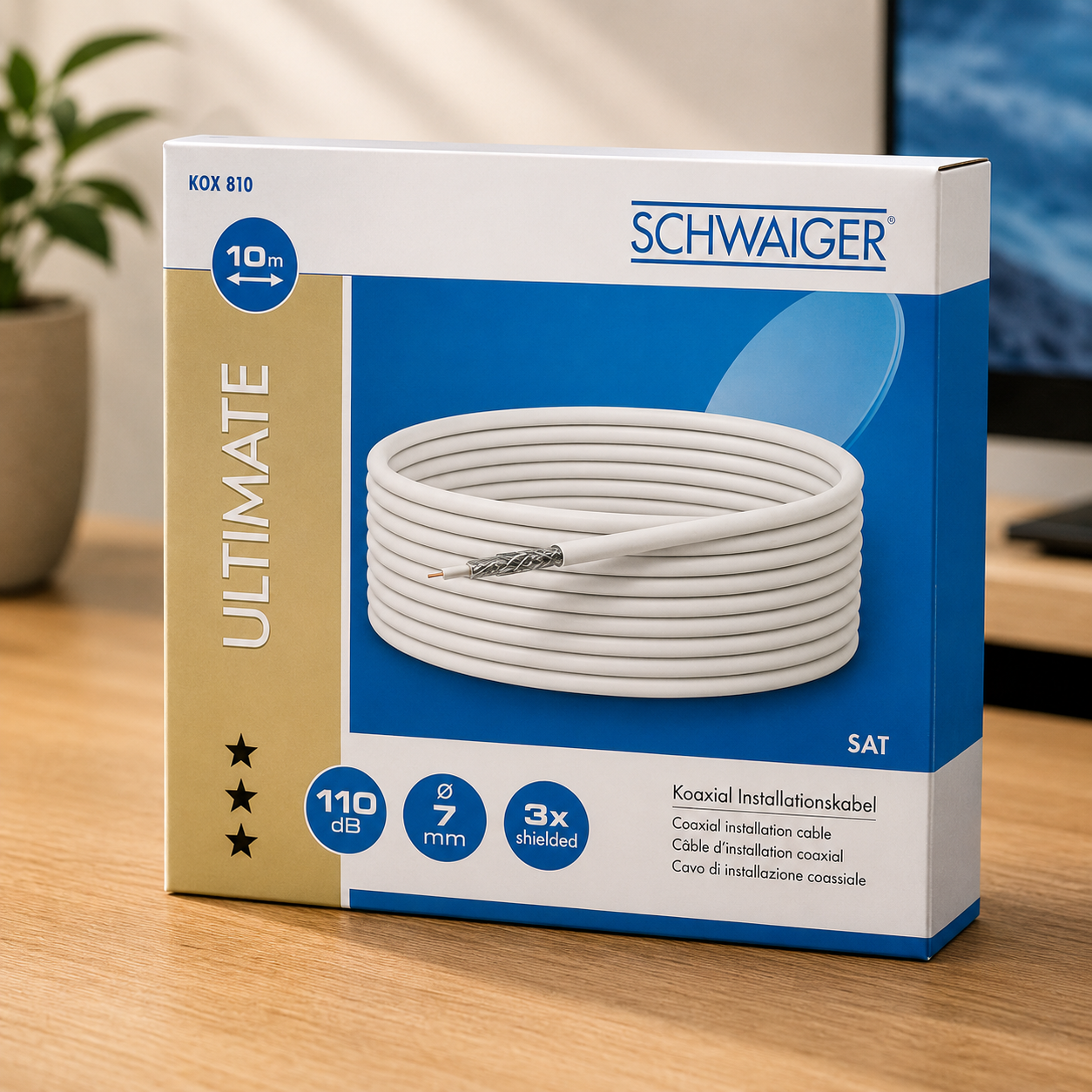 Schwaiger KOX810 Koaxialkabel 10m 110dB 3x Shielded 7mm TV Kabel