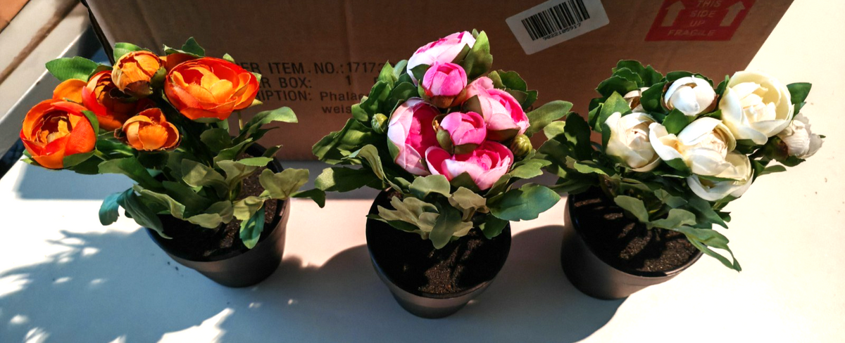 Künstliche Ranunkeln 3er Set im Topf Kunstblumen Orange Rosa Weiß 20 cm E7