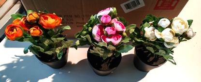 Künstliche Ranunkeln 3er Set im Topf Kunstblumen Orange Rosa Weiß 20 cm E7