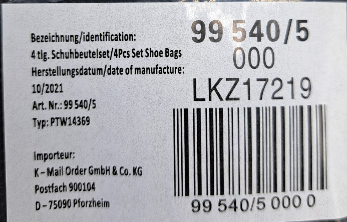 Vamos Schuhbeutel 4er Set Schwarz Reise Schuhsack Aufbewahrung Zugband PAL4