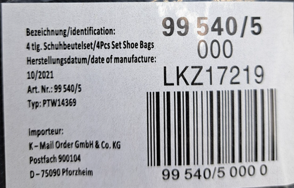 Vamos Schuhbeutel 4er Set Schwarz Reise Schuhsack Aufbewahrung Zugband PAL4