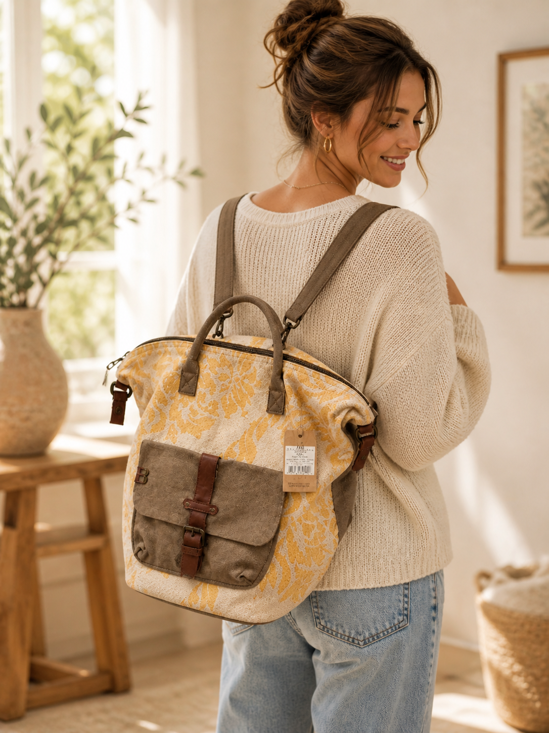 Desiderius Rika Tasche Yellow Canvas Olive Leather Handtasche Damen