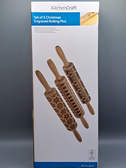 KitchenCraft Nudelhölzer 3er Set Weihnachtsgravur Teigroller Backen Weihnacht F5