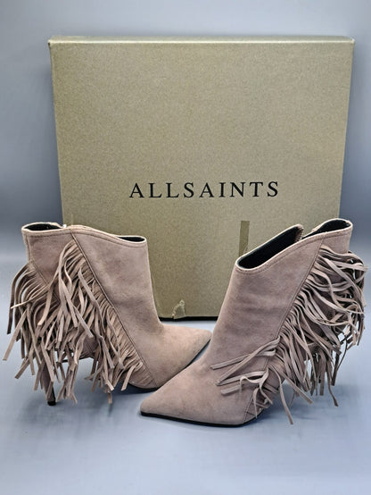 AllSaints Izzy Damen Stiefeletten Wildleder Taupe Fransen High Heel Gr. 38 G1