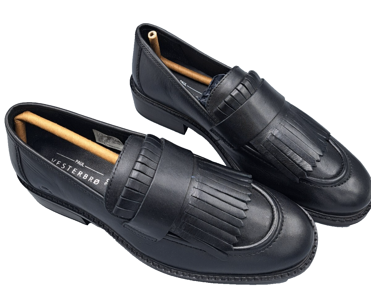 Paul Vesterbro Damen Loafer Gr. 39 Schwarz Leder Fransen Slipper Halbschuhe G2