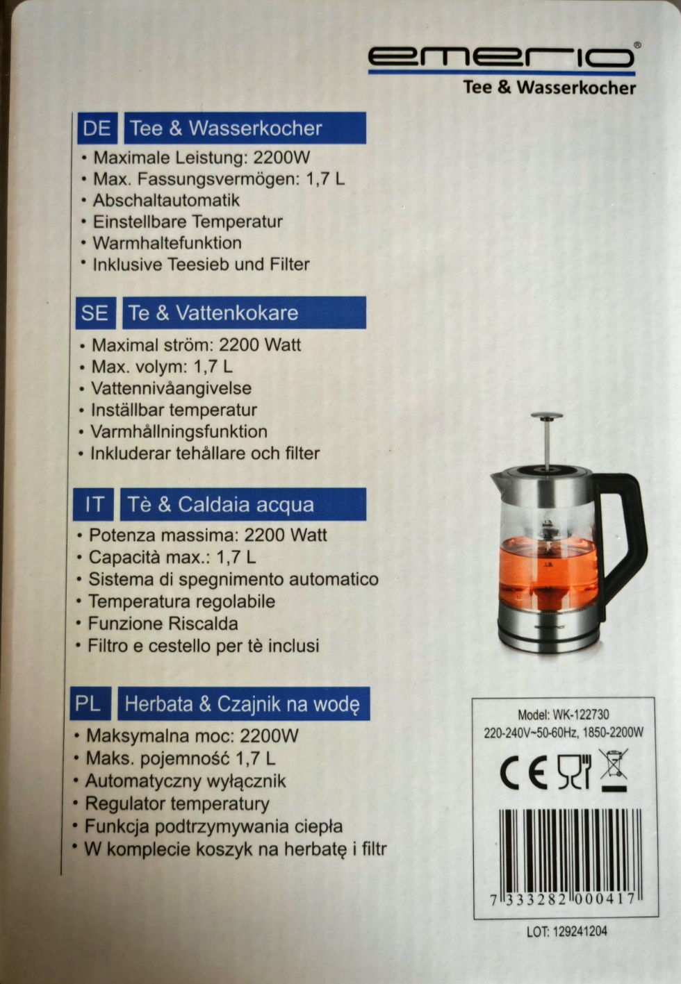 Emerio WK-122730 Glas Teekocher 1,7L Temperaturwahl Teesieb 2200W LED B03