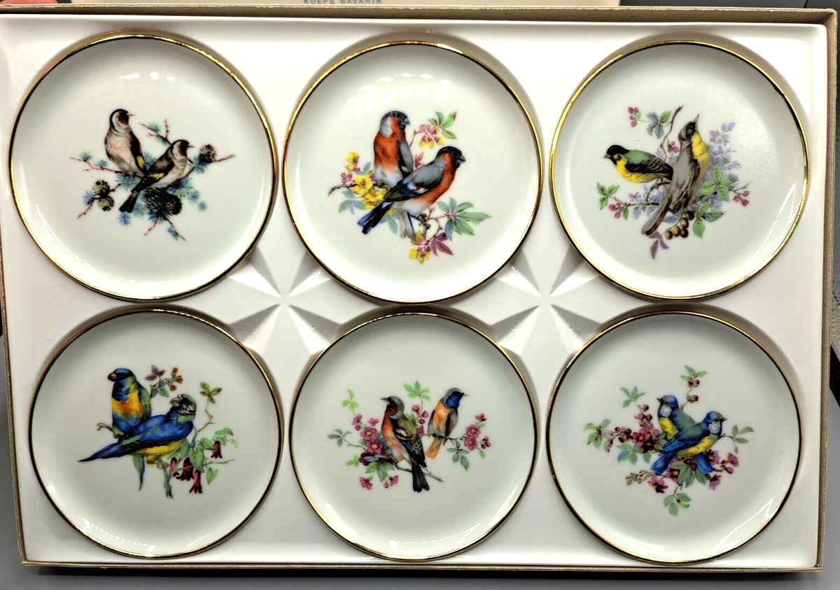 Lindner Porzellan 6 Unterteller Vogelmotiv 134/10 Goldrand Bavaria OVP