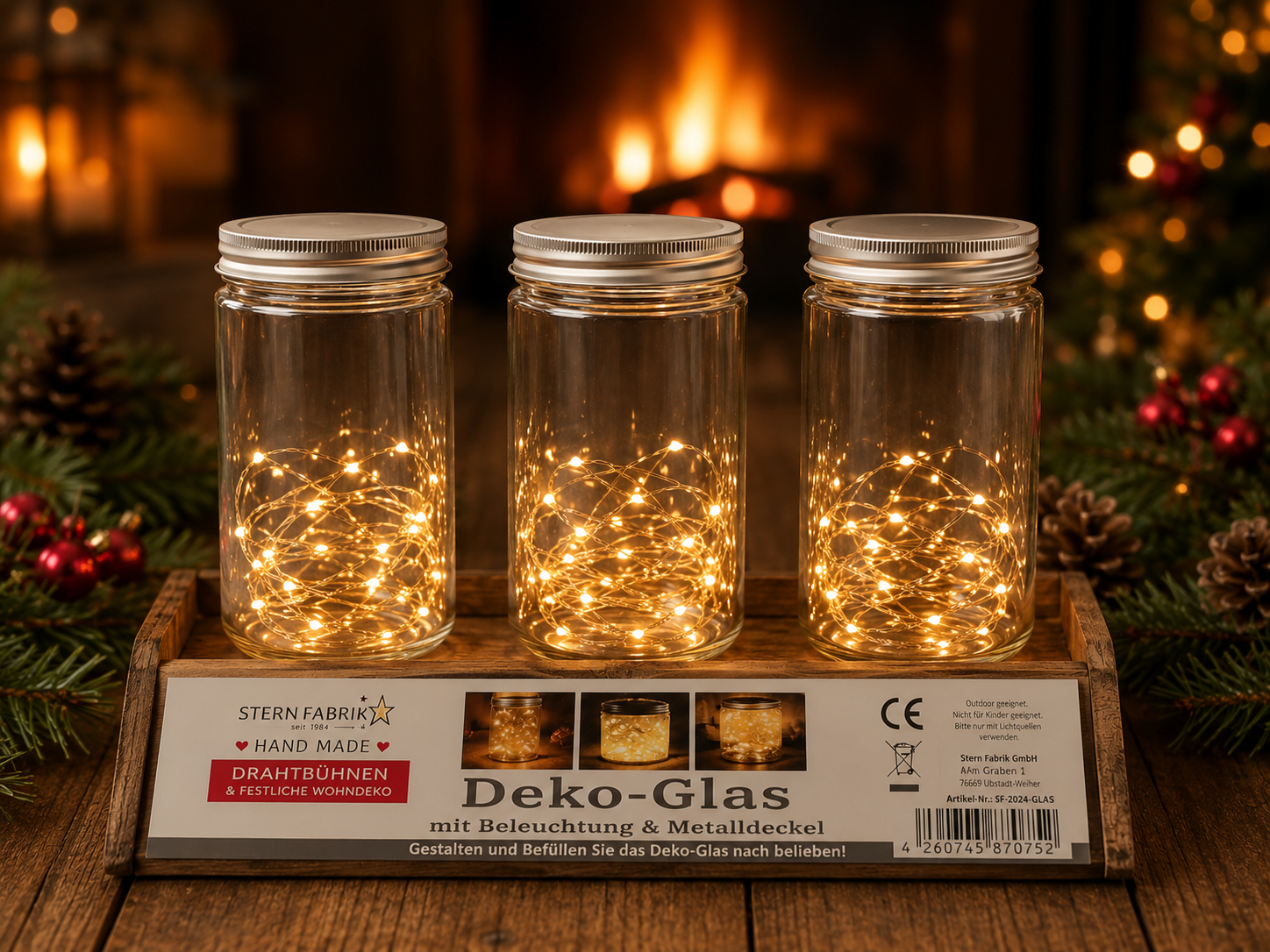 Handmade Deko 3er Set LED beleuchtet Metalldeckel Stern Windlicht Dekoration B6