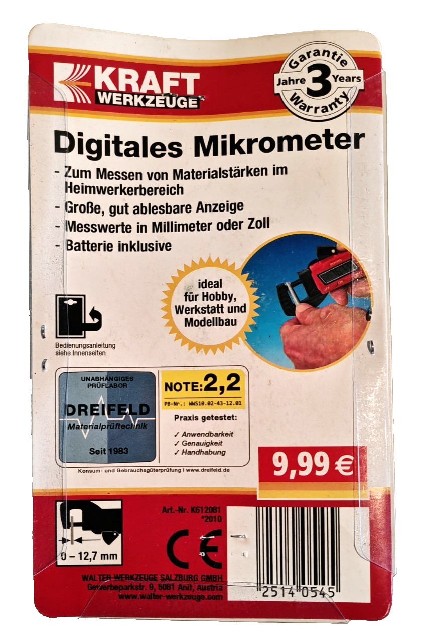 KRAFT Digitales Mikrometer Materialstärkenmessgerät 0-12,7 mm LCD Messgerät A3