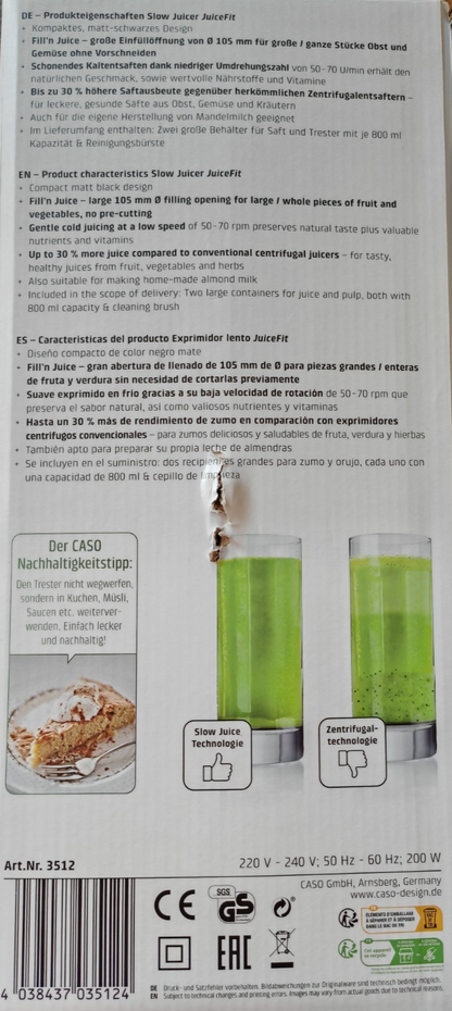 CASO Juice Fit Slow Juicer Entsafter 40 U/min 105mm XL Einfüllöffnung Saft C5