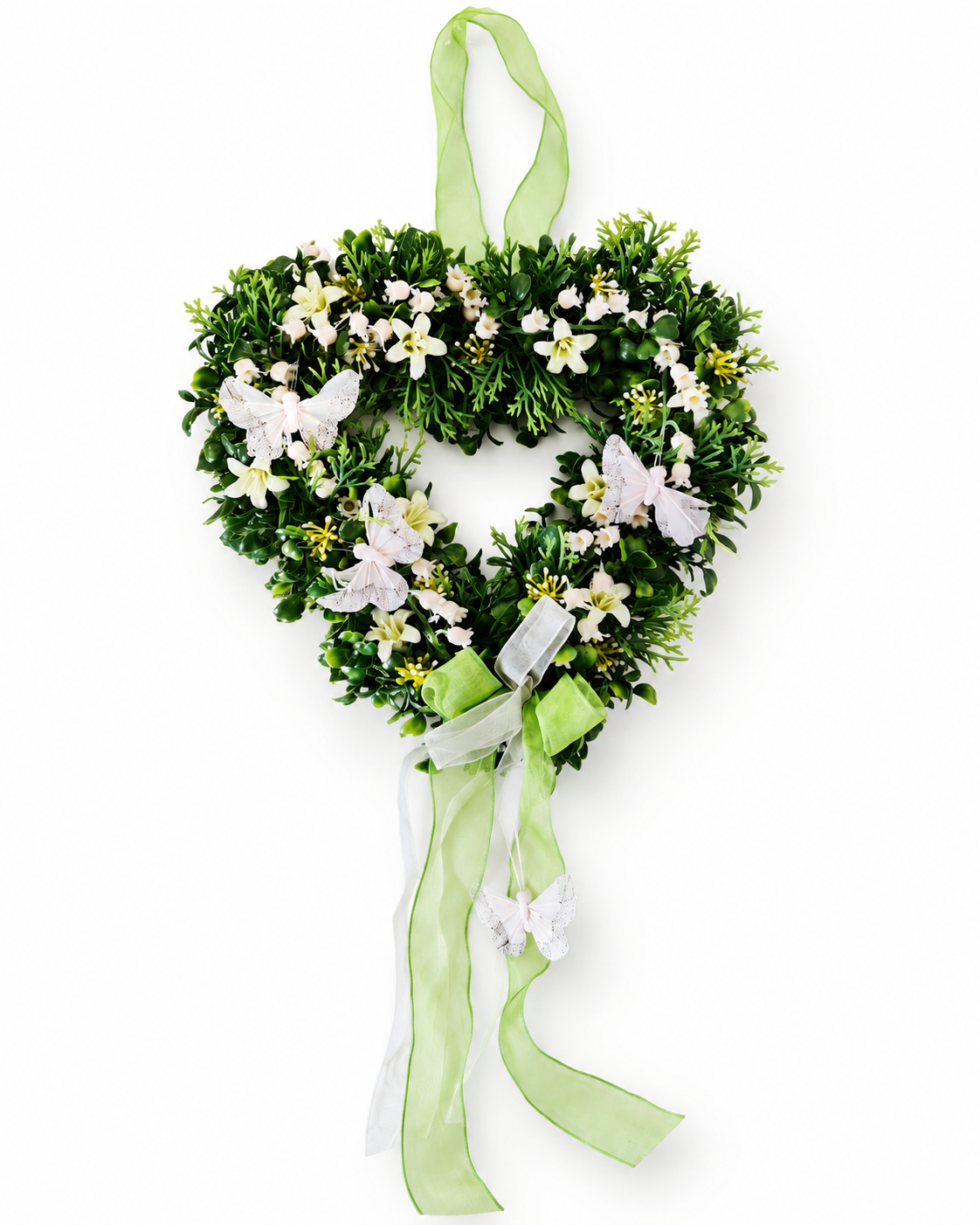 Deko Herz Kranz Kunstblumen Weiß Grün Schmetterlinge Türkranz zum Aufhängen C4