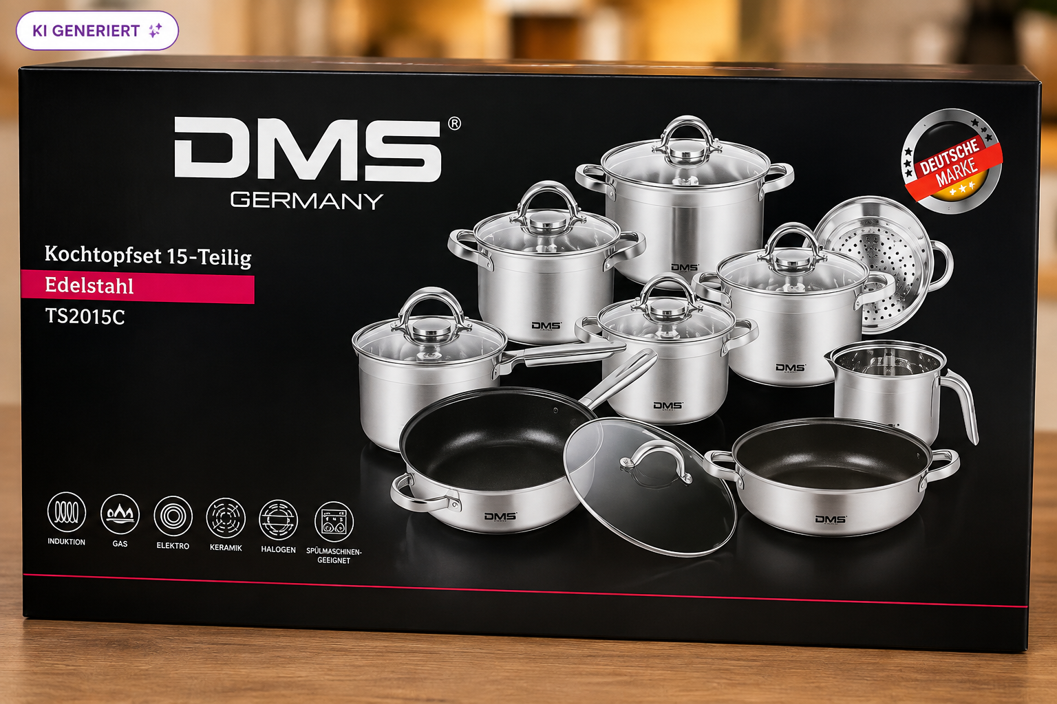 DMS TSE2015C Topfset 15tlg Edelstahl Glasdeckel Induktion Kochgeschirr HO-A22