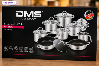 DMS TSE2015C Topfset 15tlg Edelstahl Glasdeckel Induktion Kochgeschirr HO-A22