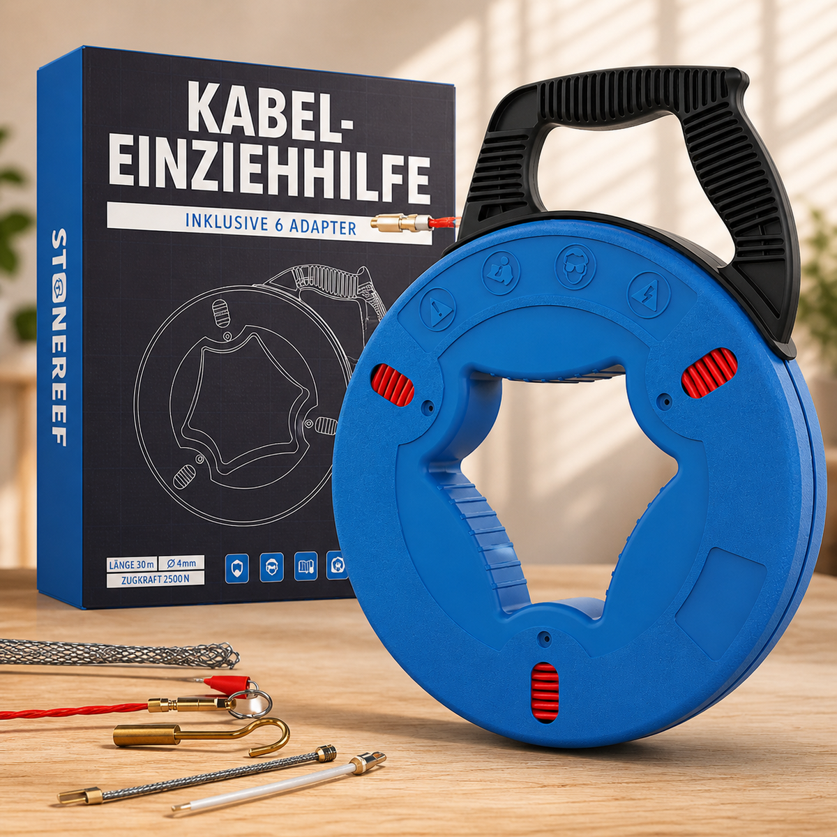 Einziehspirale 30m Kabeleinziehhilfe Kabelzieher Leerrohr Zugdraht B8 o.Adapter