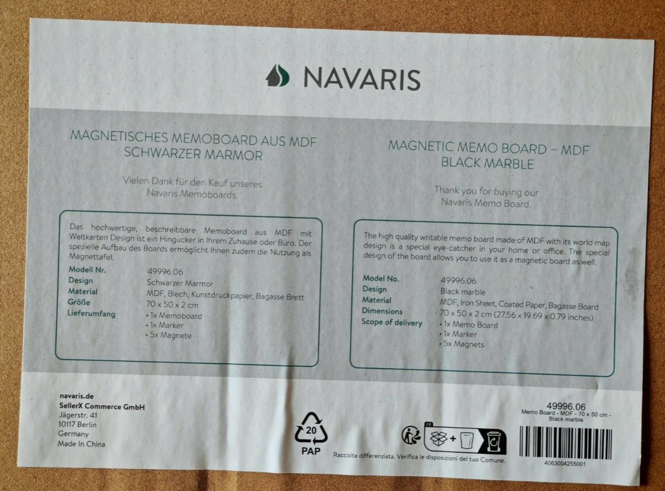 Navaris Magnettafel 70x50cm Memoboard Magnetboard Marmor Schwarz Büro Plan HA13